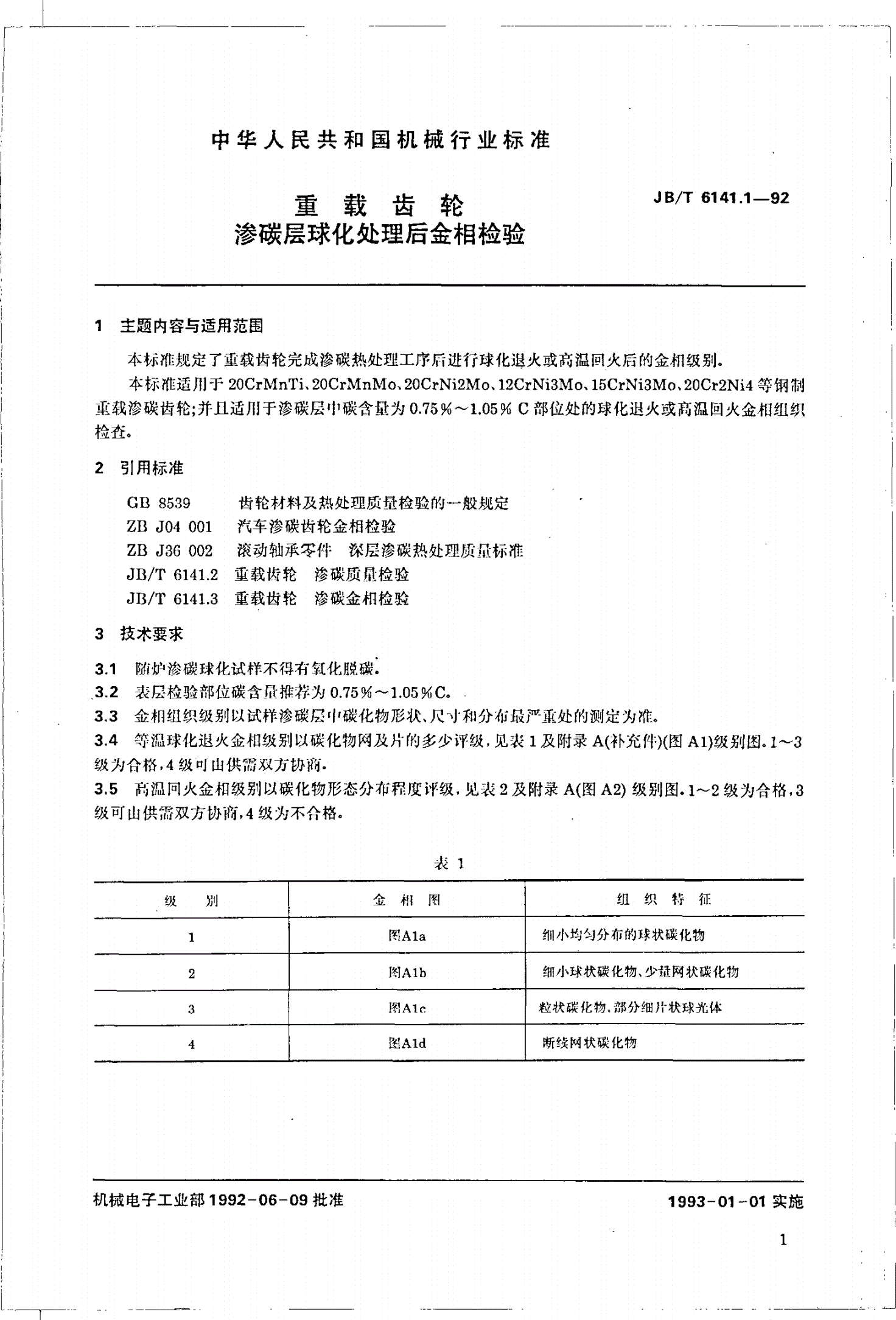 JB/T 6141.1-1992 重载齿轮 渗碳层球化处理后金相检验-第1页