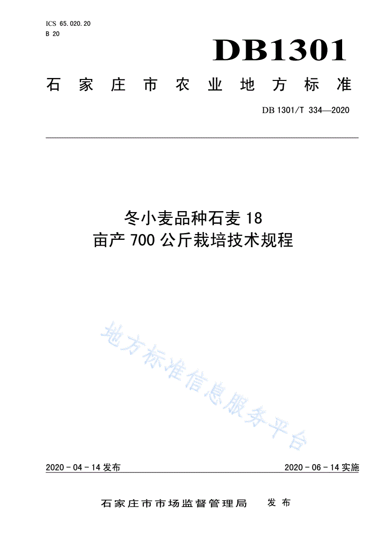 DB1301/T 334-2020 冬小麦品种石麦18亩产700公斤栽培技术规程-第1页