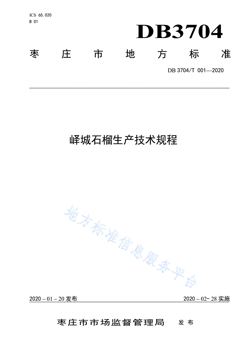 DB3704/T 001-2020 峄城石榴生产技术规程-第1页