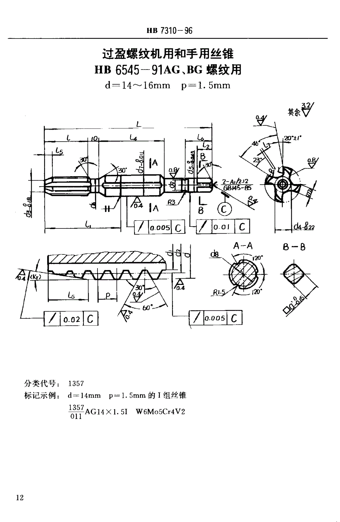 HB 7310-1996 过盈螺纹机用和手用丝锥 ＨＢ ６５４５－９１ＡＧ、ＢＧ螺纹用 ｄ＝１* 26-第3页