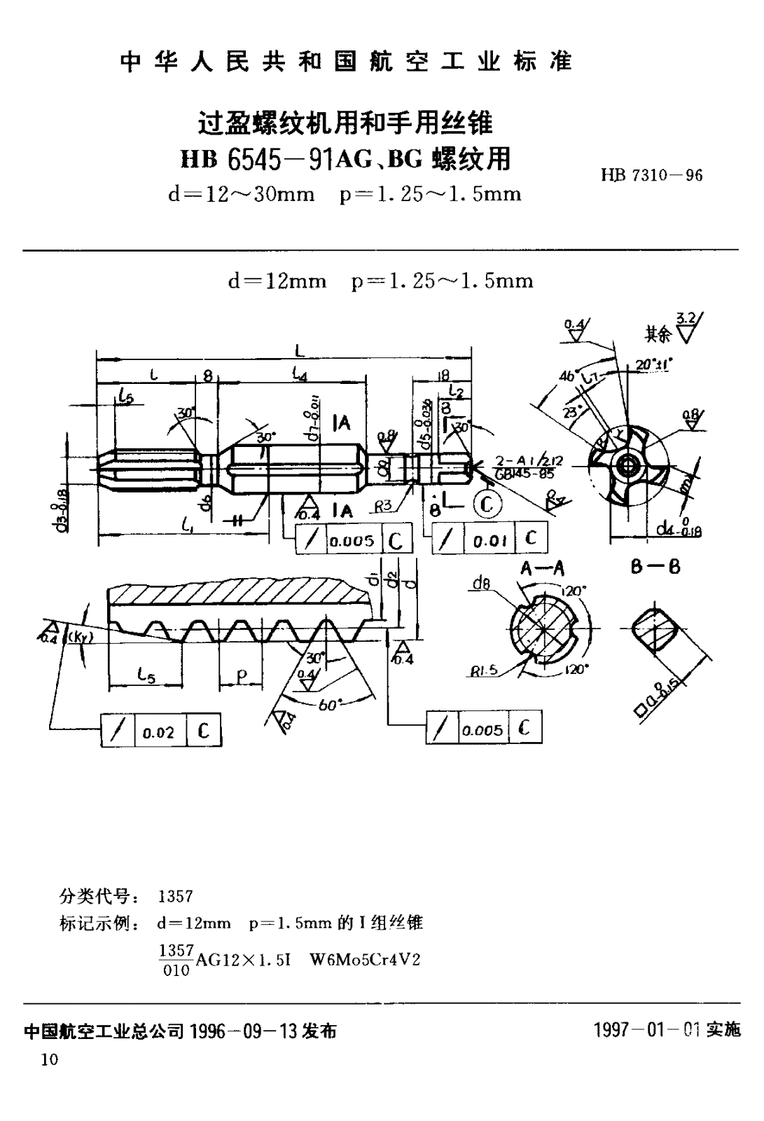 HB 7310-1996 过盈螺纹机用和手用丝锥 ＨＢ ６５４５－９１ＡＧ、ＢＧ螺纹用 ｄ＝１* 26-第1页