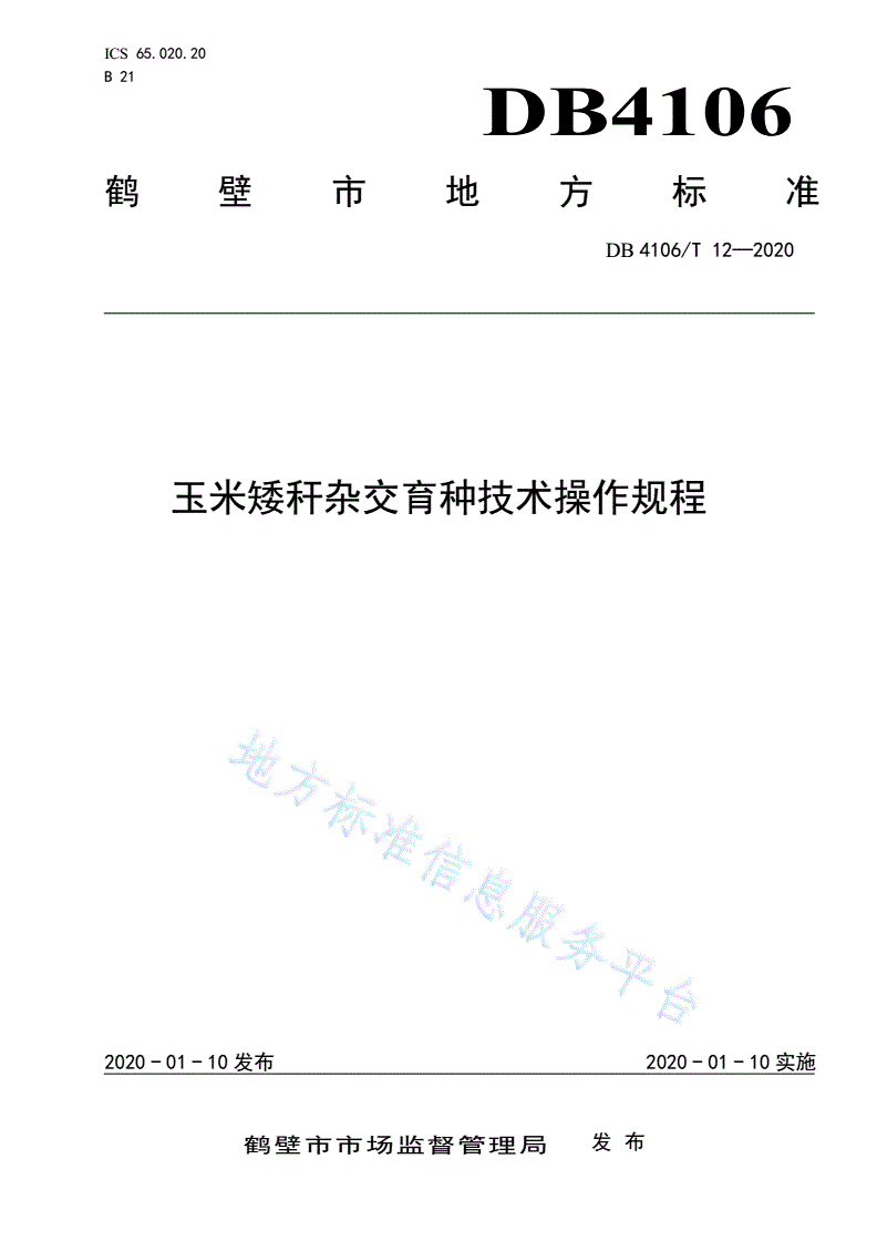 DB4106/T 12-2020 玉米矮秆杂交育种技术操作过程-第1页