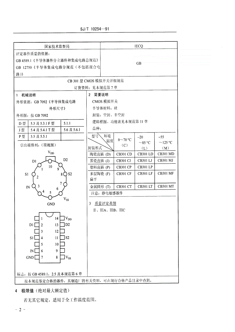 SJ/T 10254-1991 电子元器件详细规范 半导体集成电路ＣＢ３０１型ＣＭＯＳ模拟开关详细规范-第3页