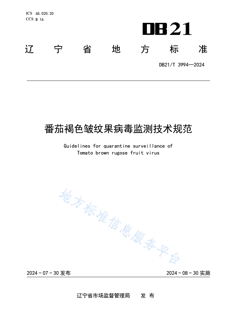 DB21/T 3994-2024 番茄褐色皱纹果病毒监测技术规范-第1页