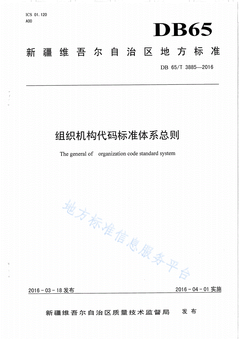 DB65/T 3885-2016 组织机构代码标准体系总则-第1页