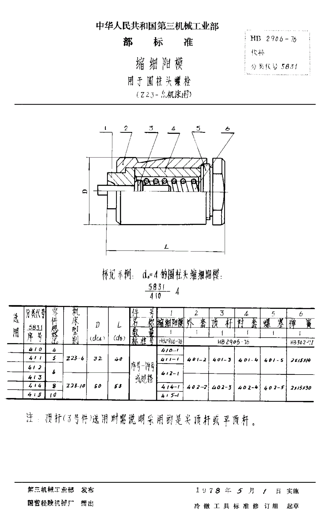 HB 2906-1976 缩细阳模 用于圆柱头螺栓 （Ｚ２３－６ Ｚ２３－１０机床用）-第1页