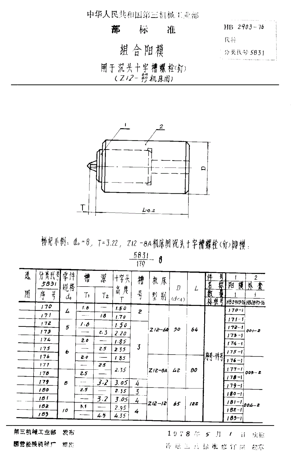 HB 2903-1976 组合阳模 用于沉头十字槽螺栓（钉） （Ｚ１２－６Ａ Ｚ１２－８Ａ Ｚ１２－１２机床用）-第1页