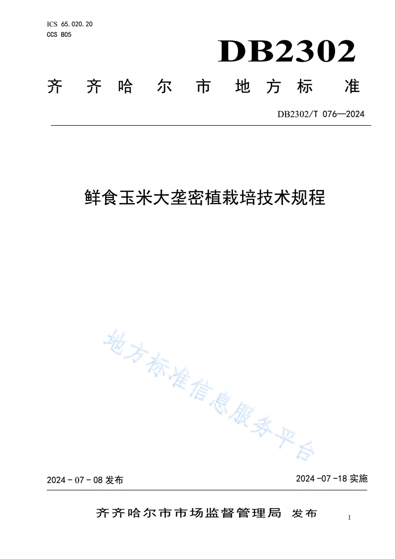 DB2302/T 076-2024 鲜食玉米大垄密植栽培技术规程-第1页