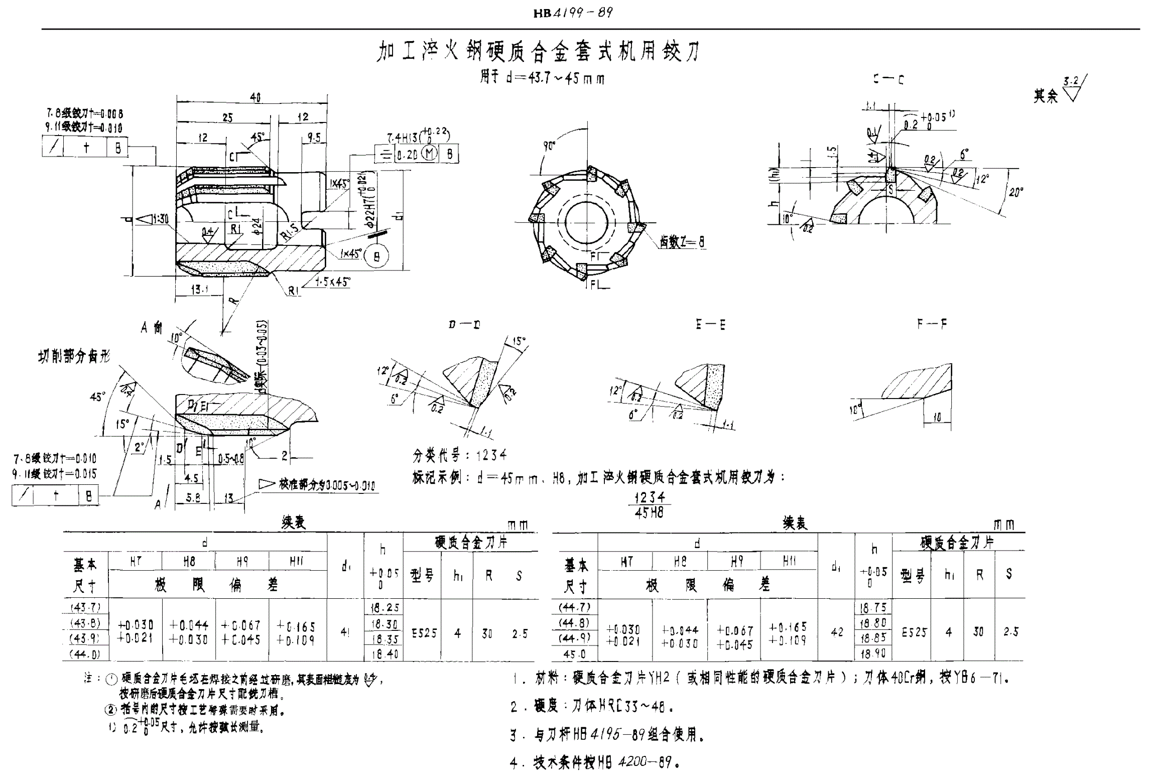 HB 4199-1989 加工淬火钢硬质合金全套式机用铰刀 ｄ＝３７．７～８０ｍｍ-第3页