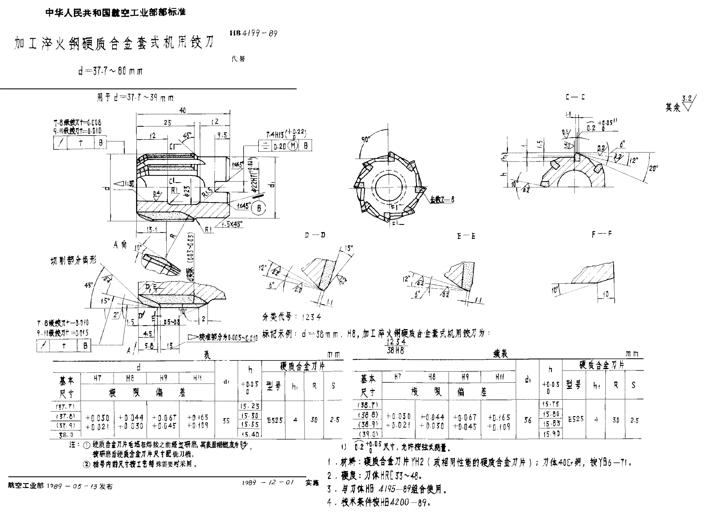 HB 4199-1989 加工淬火钢硬质合金全套式机用铰刀 ｄ＝３７．７～８０ｍｍ-第1页