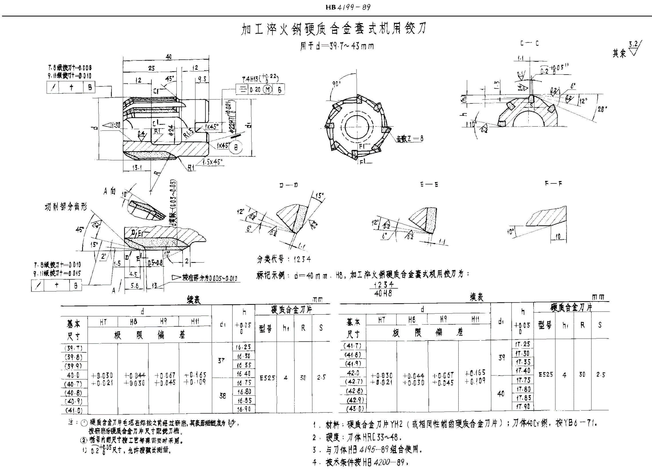 HB 4199-1989 加工淬火钢硬质合金全套式机用铰刀 ｄ＝３７．７～８０ｍｍ-第2页