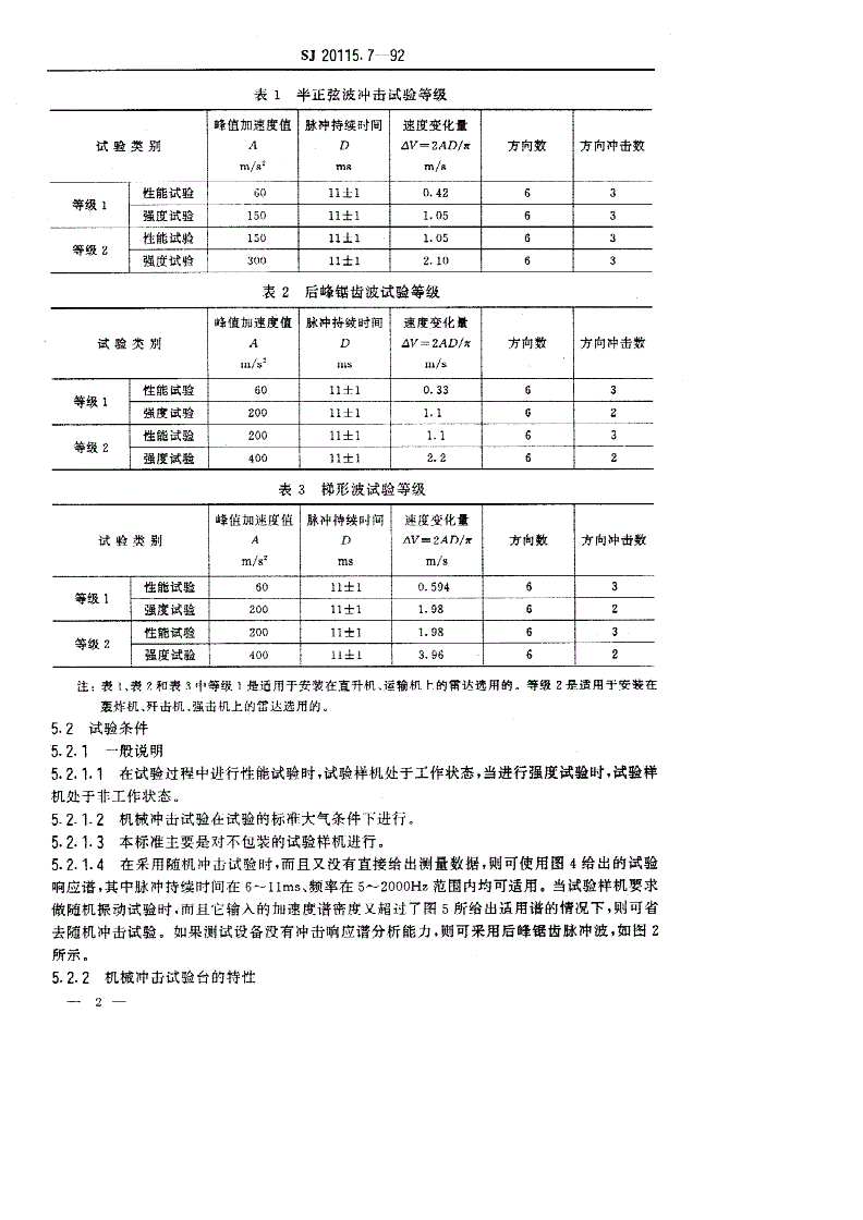 SJ 20115.7-1992 机载雷达环境条件及试验方法 机械冲击试验-第2页