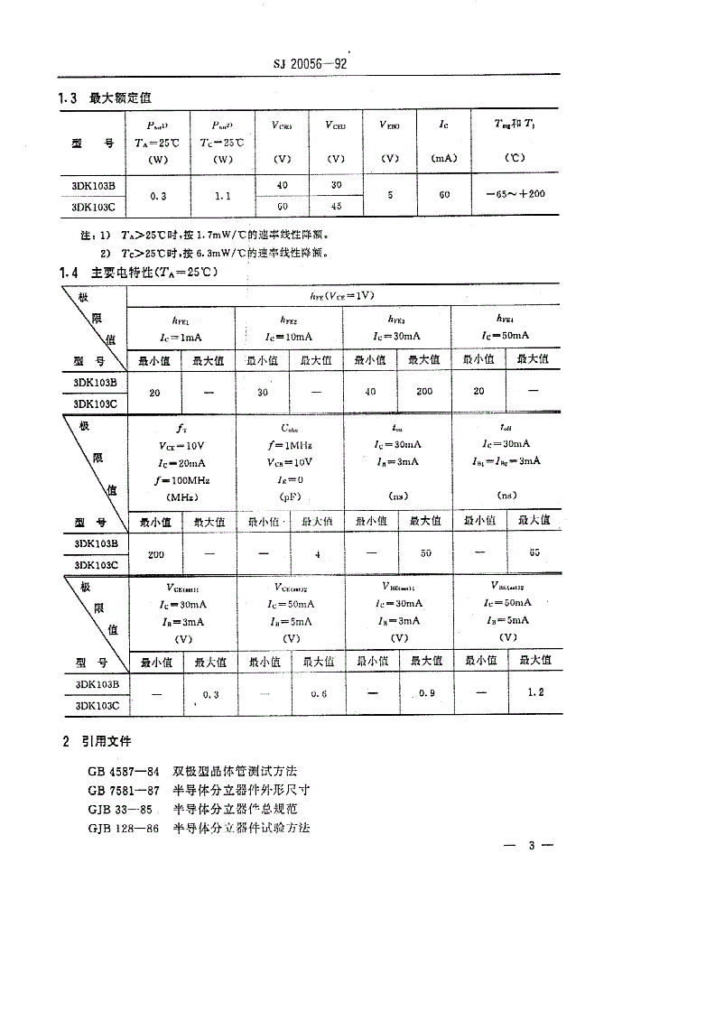 SJ 20056-1992 半导体分立器件 ３ＤＫ１０３型ＮＰＮ硅小功率开关晶体管详细规范-第3页