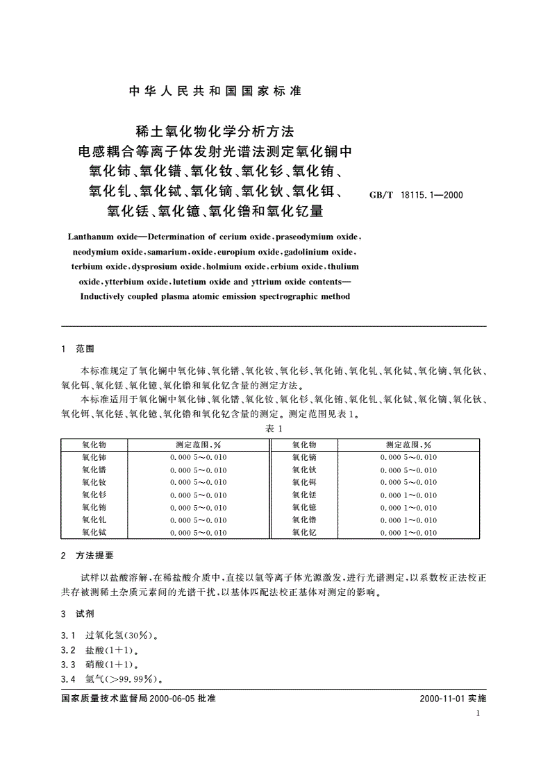 GB/T 18115.1-2000 稀土氧化物化学分析方法 电感耦合等离子体发射光谱法测定氧化镧中氧化铈、氧化镨、氧化钕、氧化钐、氧化铕、氧化钆、氧化铽、氧化镝、氧化钬、氧化铒、氧化铥、氧化镱、氧化镥和氧化钇量-第3页