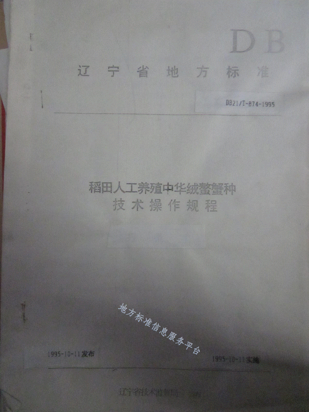 DB21/T 874-1995 稻田人工养殖中华绒螯蟹种技术操作规程-第1页