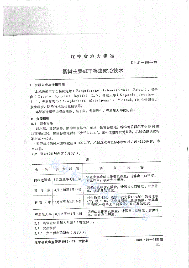 DB21/T 859-1995 杨树主要蛀干害虫防治技术-第1页