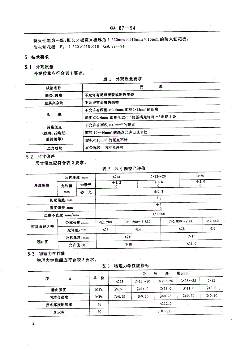GA 87-1994 防火刨花板通用技术条件-第3页