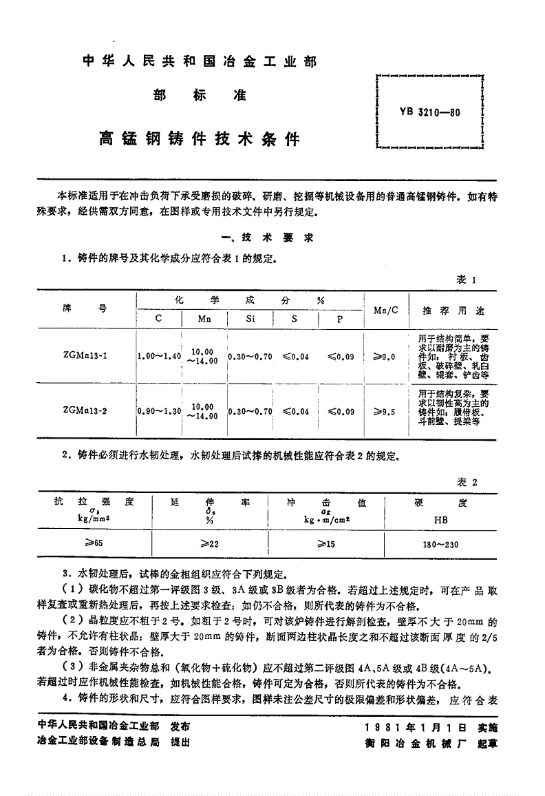YB 3210-1980 高锰钢铸件技术条件-第2页