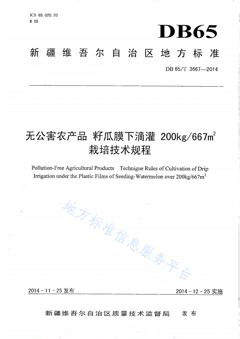 DB65/T 3667-2014 无公害农产品 籽瓜膜下滴灌200kg/667 栽培技术规程-第1页