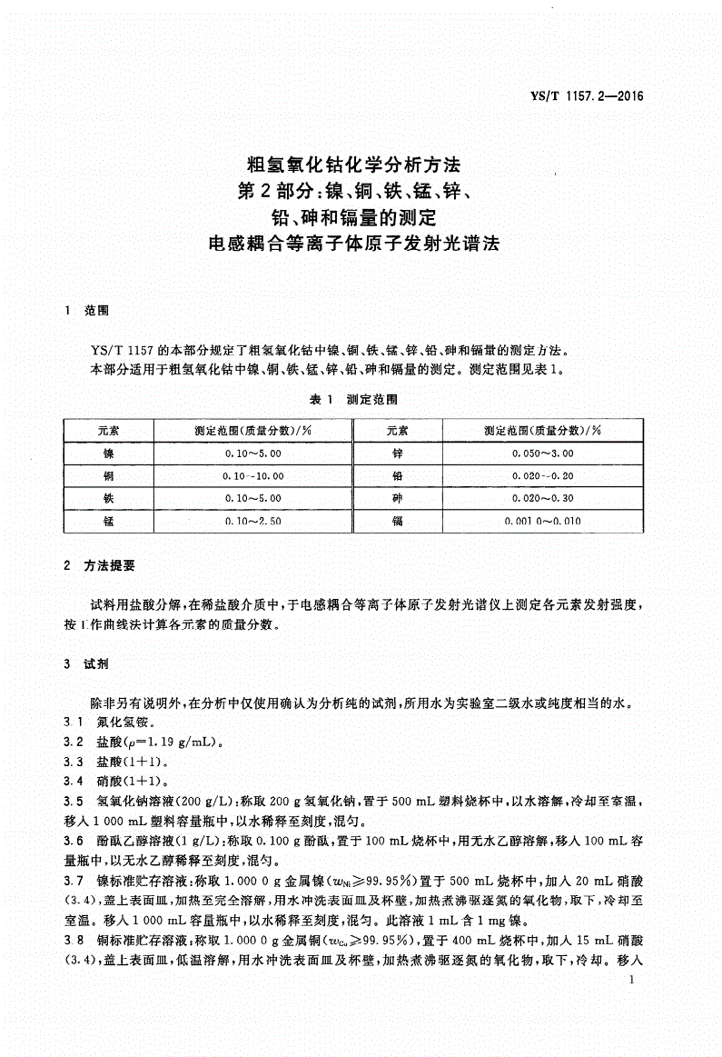 YS/T 1157.2-2016 粗氢氧化钴化学分析方法 第2部分：镍、铜、铁、锰、锌、铅、砷和镉量的测定 电感耦合等离子体原子发射光谱法-第3页