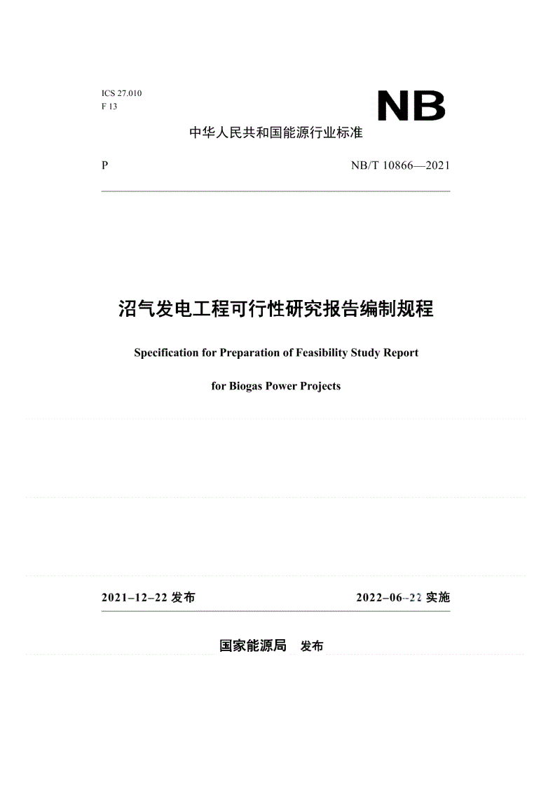 NB/T 10866-2021 沼气发电工程可行性研究报告编制规程-第1页
