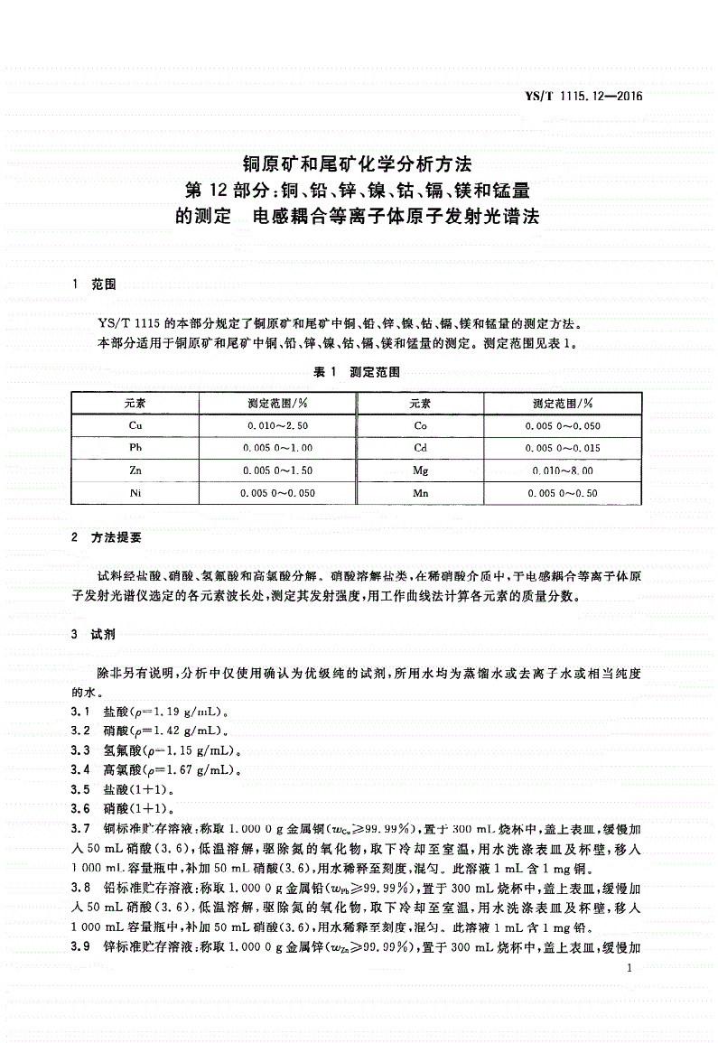 YS/T 1115.12-2016 铜原矿和尾矿化学分析方法 第12部分：铜、铅、锌、镍、钴、镉、镁和锰量的测定 电感耦合等离子体原子发射光谱法-第3页