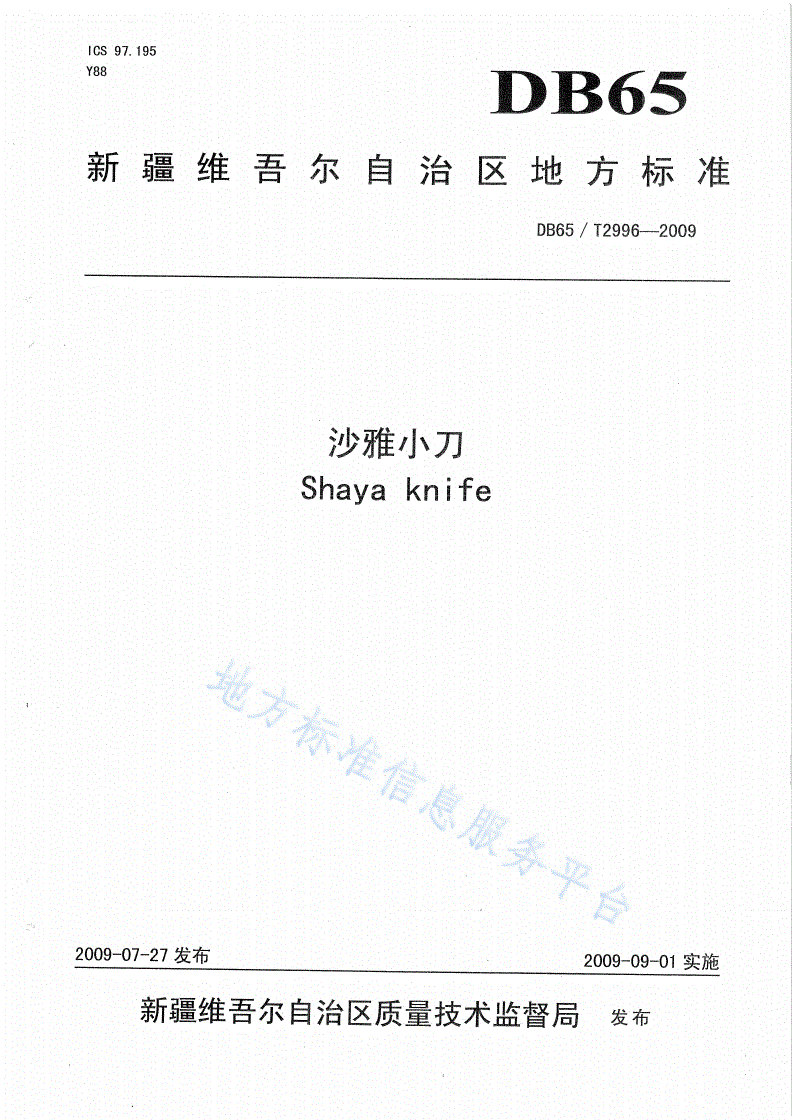 DB65/T 2996-2009 沙雅小刀-第1页