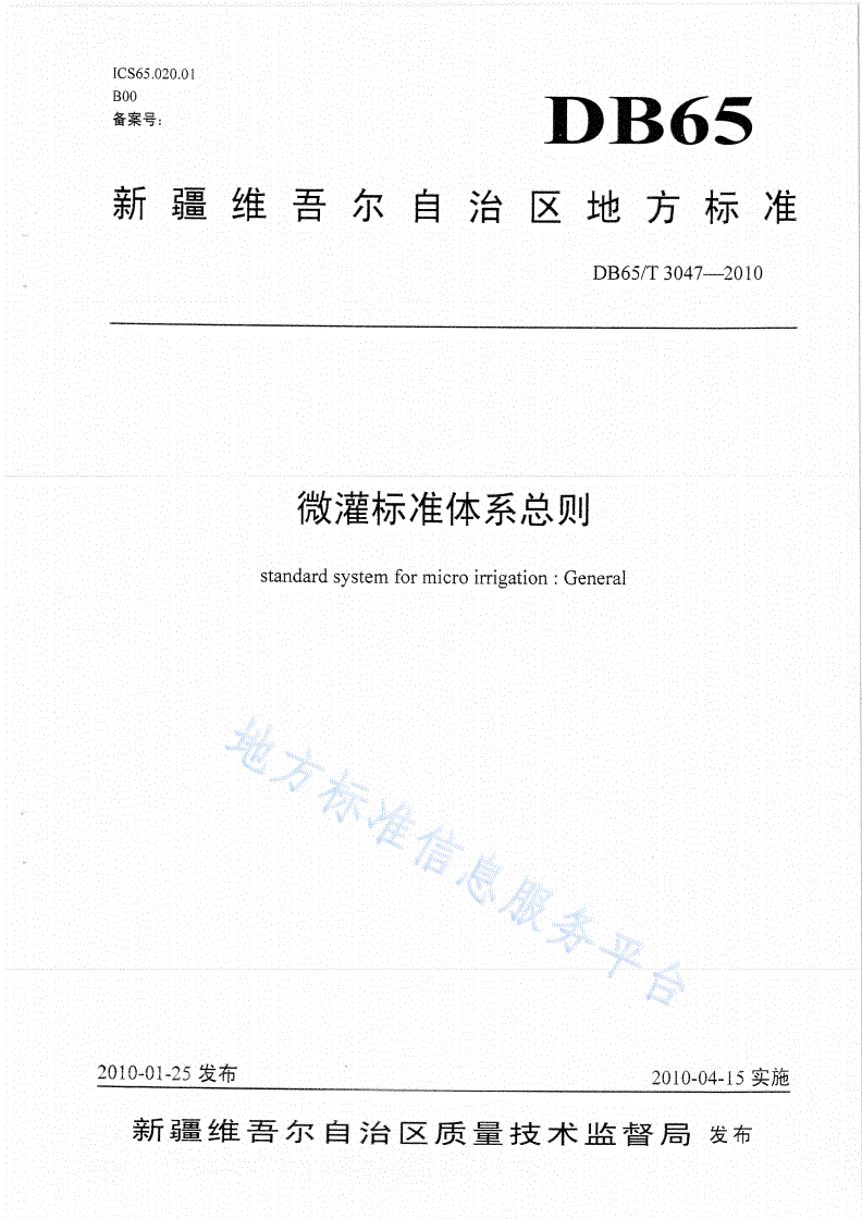 DB65/T 3047-2010 微灌标准体系总则-第1页