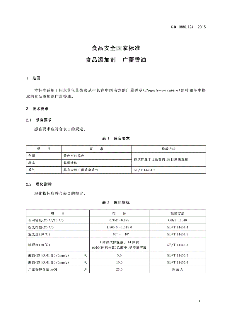 GB 1886.124-2015 食品安全国家标准 食品添加剂 广藿香油-第2页