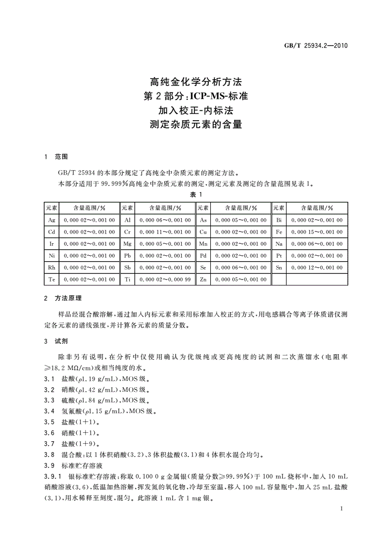 GB/T 25934.2-2010 高纯金化学分析方法 第2部分：ICP-MS-标准加入校正-内标法 测定杂质元素的含量-第3页