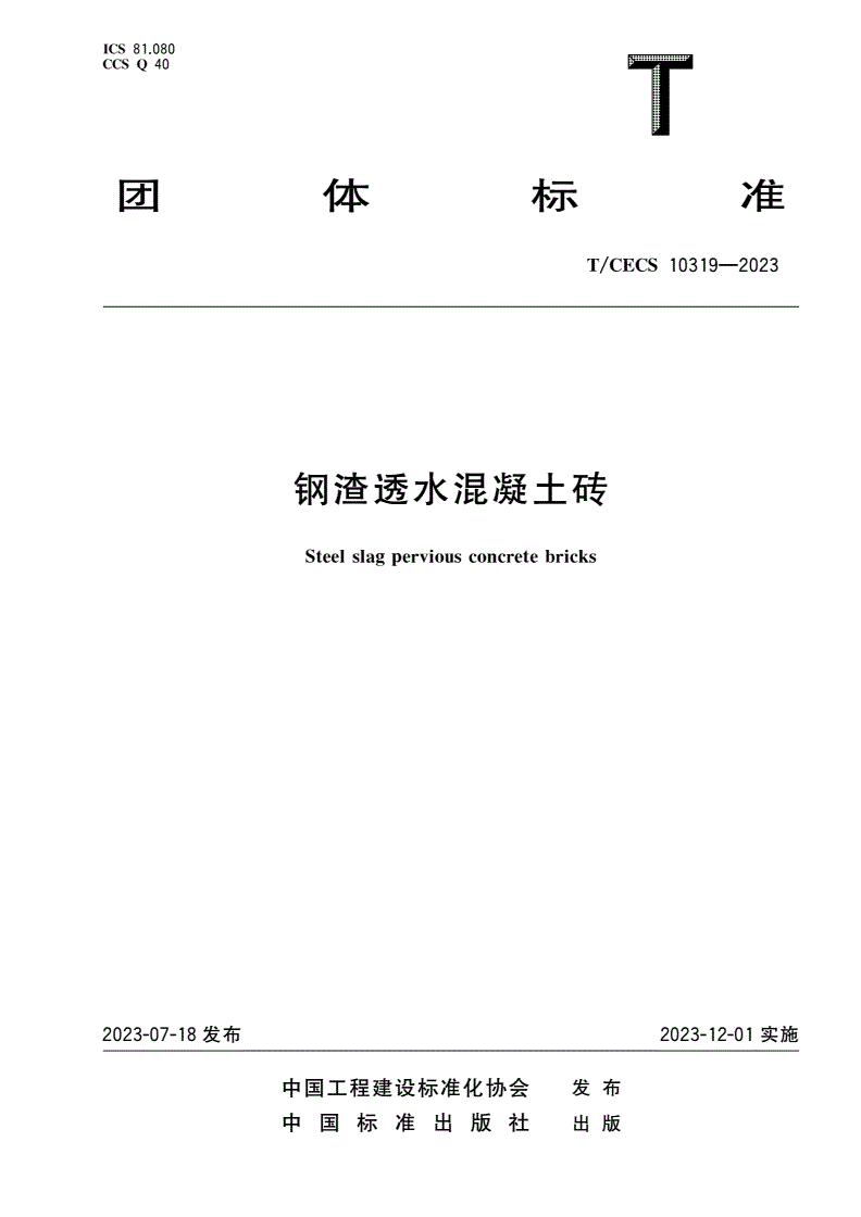T/CECS 10319-2023 钢渣透水混凝土砖-第1页