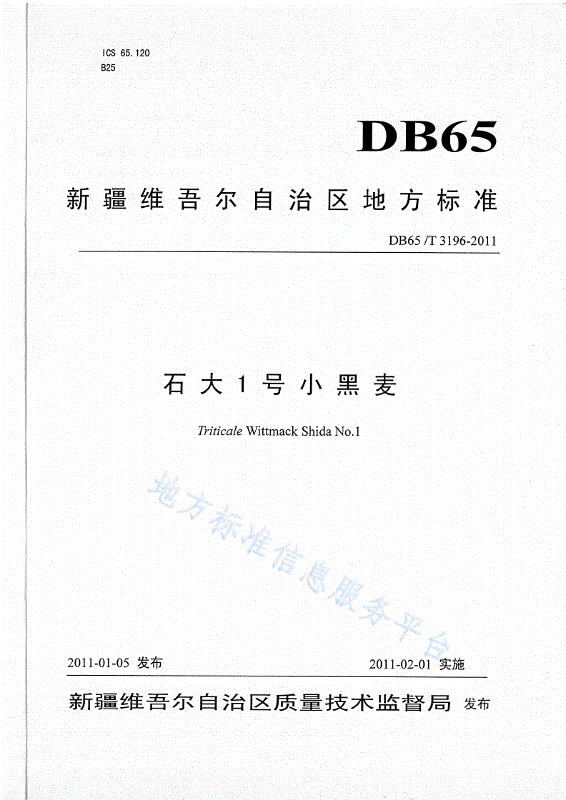 DB65/T 3196-2011 石大1号小黑麦-第1页