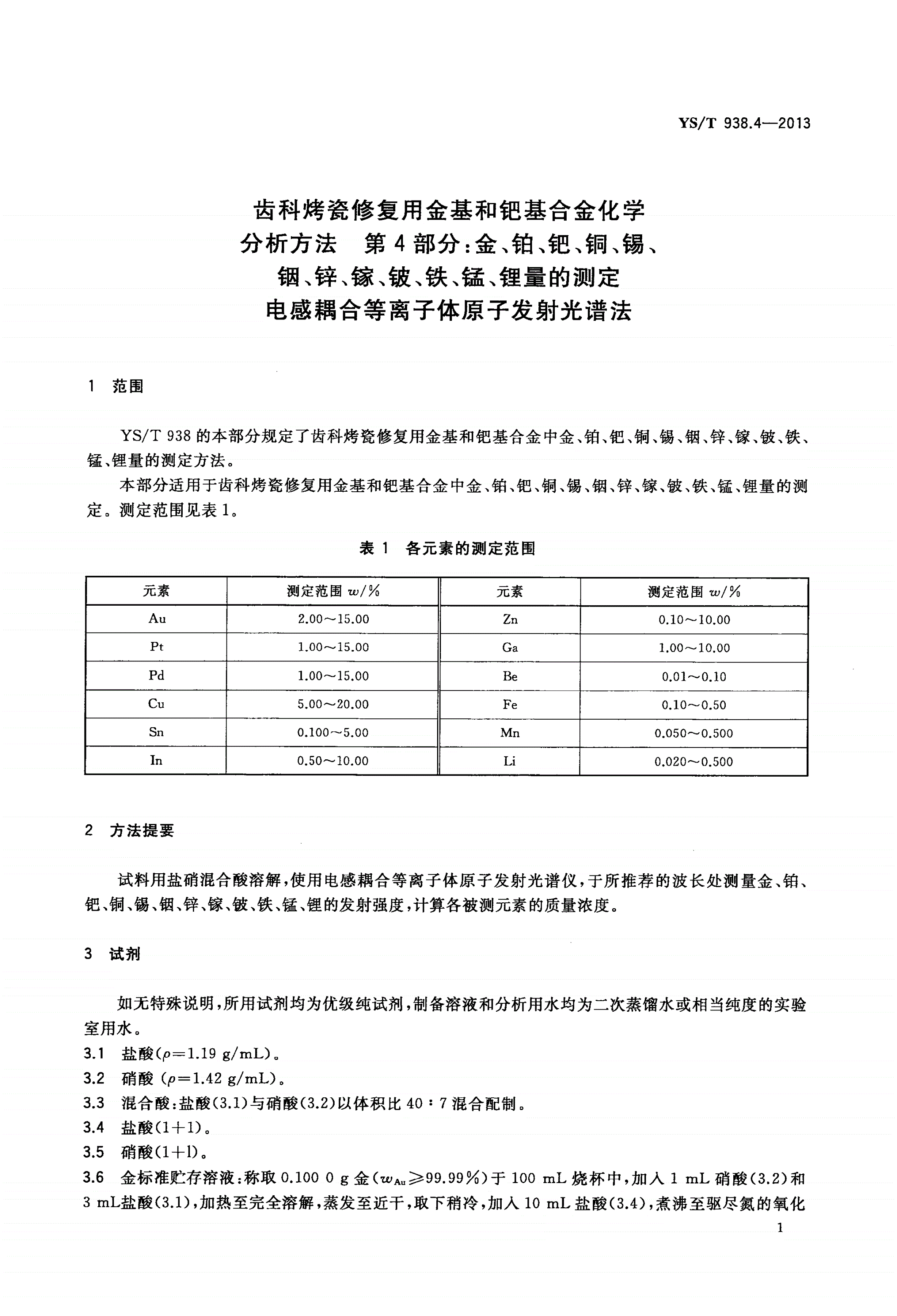 YS/T 938.4-2013 齿科烤瓷修复用金基和钯基合金化学分析方法 第4部分：金、铂、钯、铜、锡、 铟、锌、镓、铍、铁、锰、锂量的测定 电感耦合等离子体原子发射光谱法-第3页