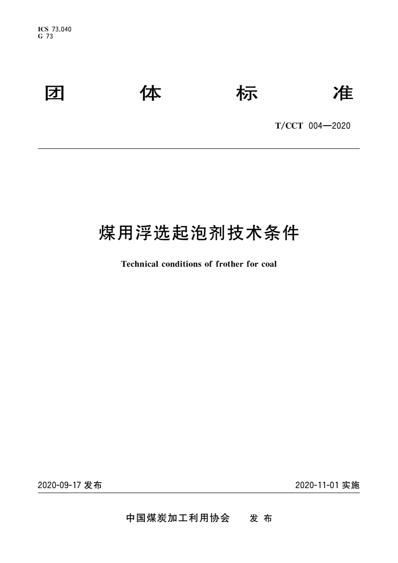 T/CCT 004-2020 煤用浮选起泡剂技术条件-第1页