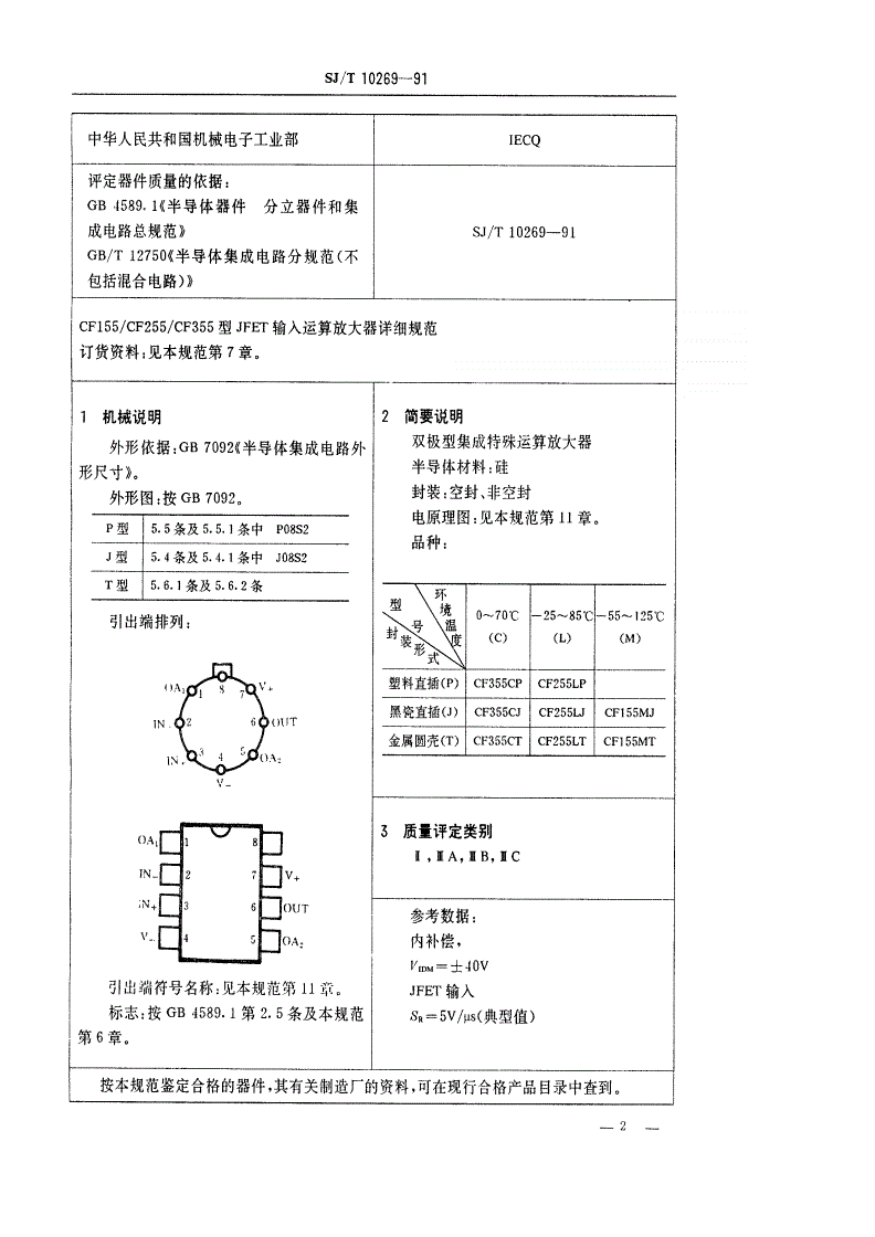 SJ/T 10269-1991 半导体集成电路CF155/CF255/CF355型JFET输入运算放大器详细规范(可供认证用)-第2页
