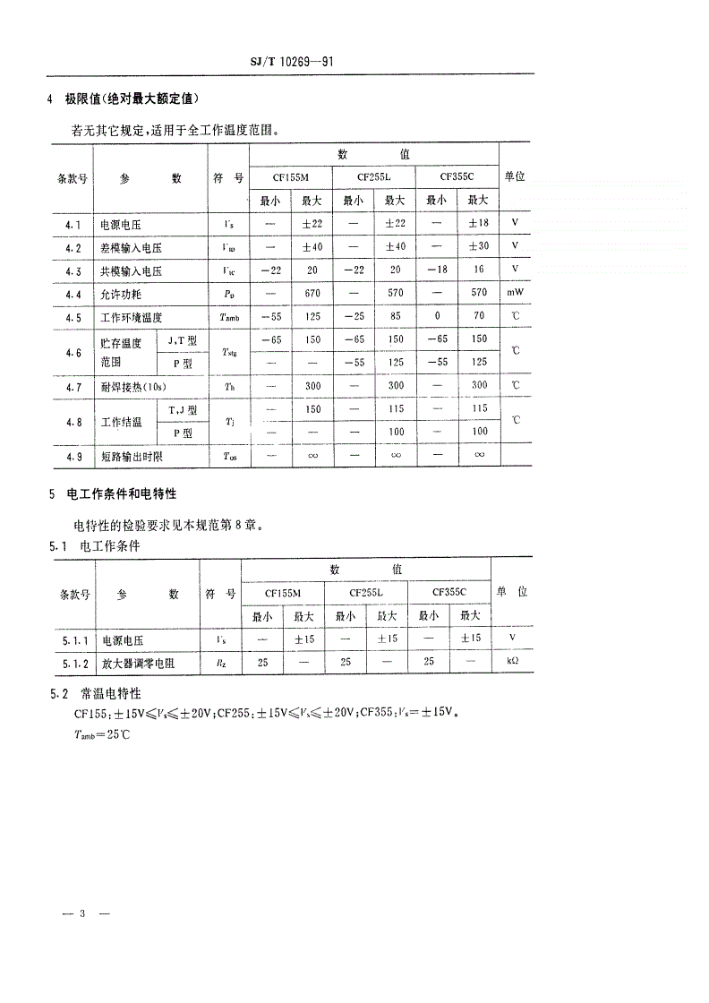 SJ/T 10269-1991 半导体集成电路CF155/CF255/CF355型JFET输入运算放大器详细规范(可供认证用)-第3页
