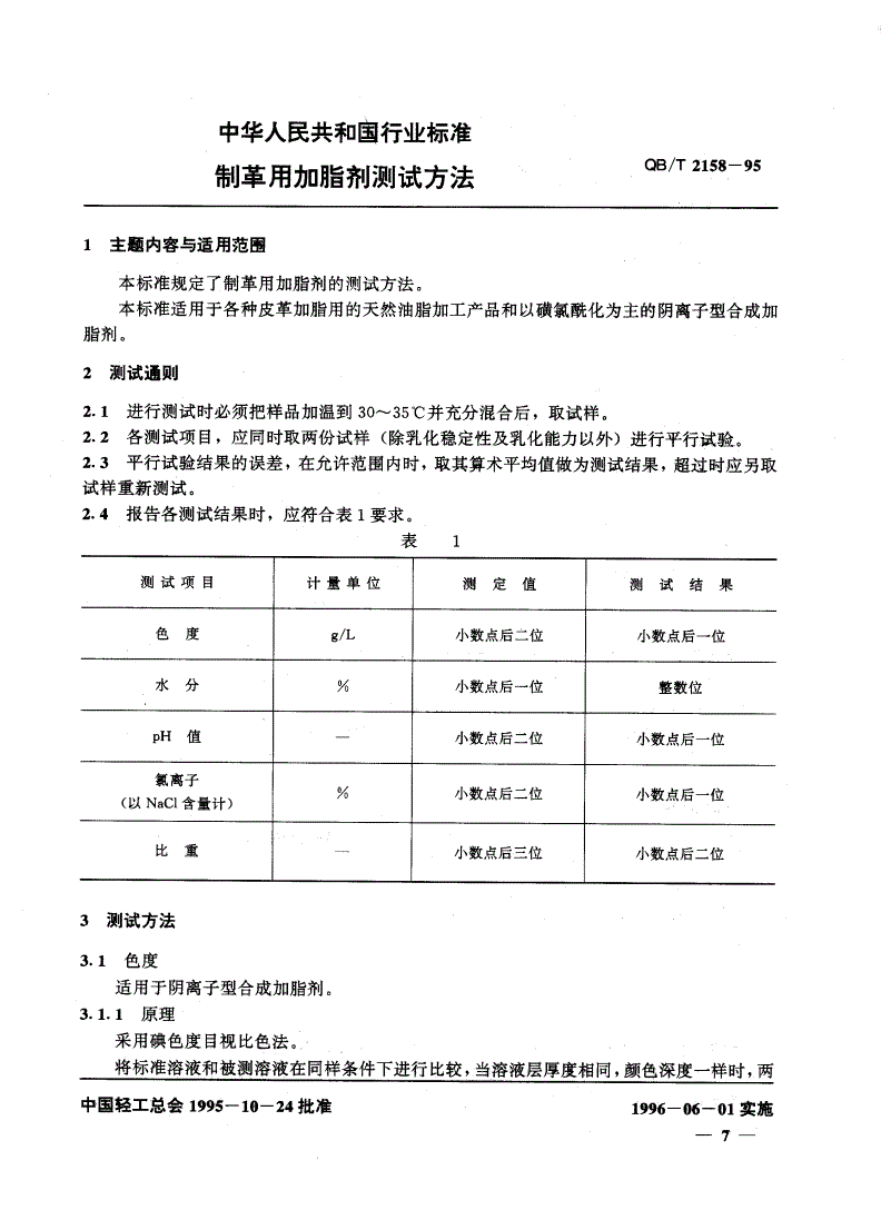 QB/T 2158-1995 制革用脂剂测试方法-第1页