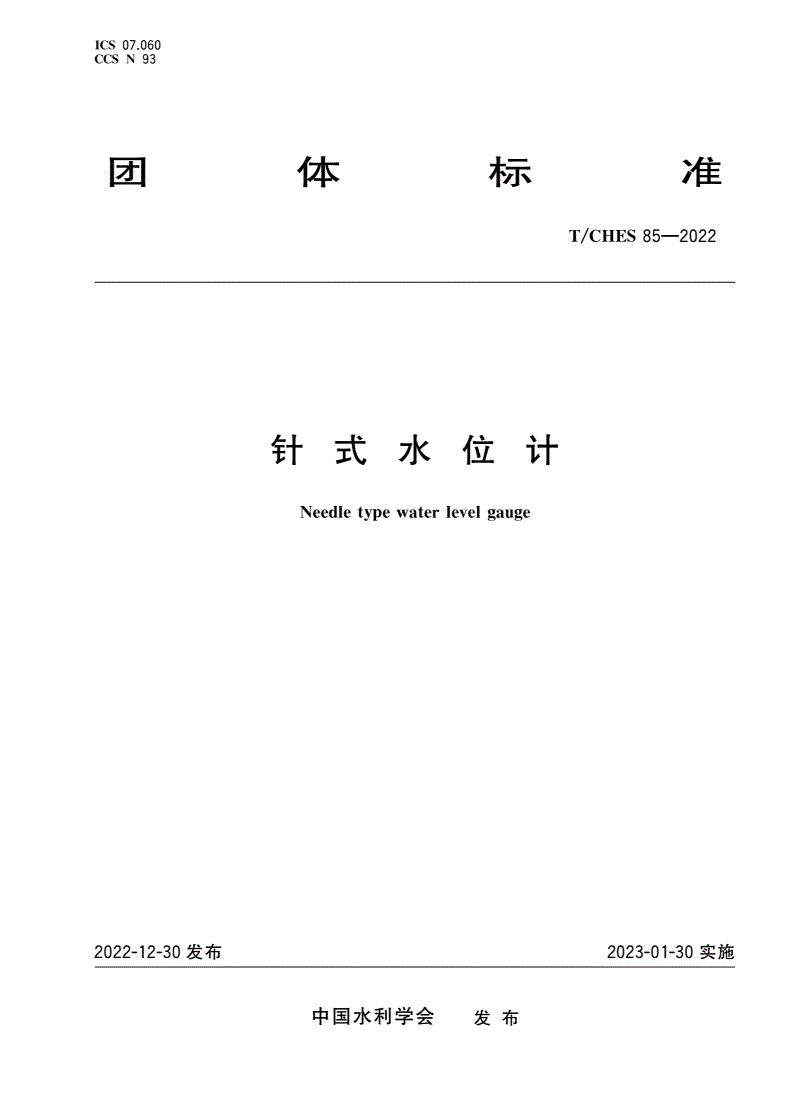 T/CHES 85-2022 针式水位计-第1页