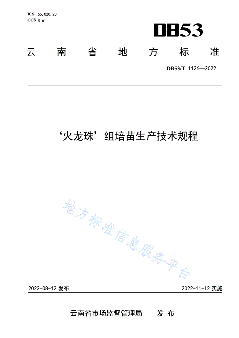 DB53/T 1126-2022 `火龙珠`组培苗生产技术规程-第1页