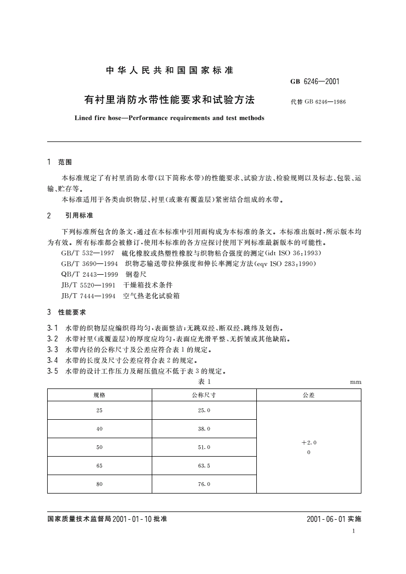 GB 6246-2001 有衬里消防水带性能要求和试验方法-第3页