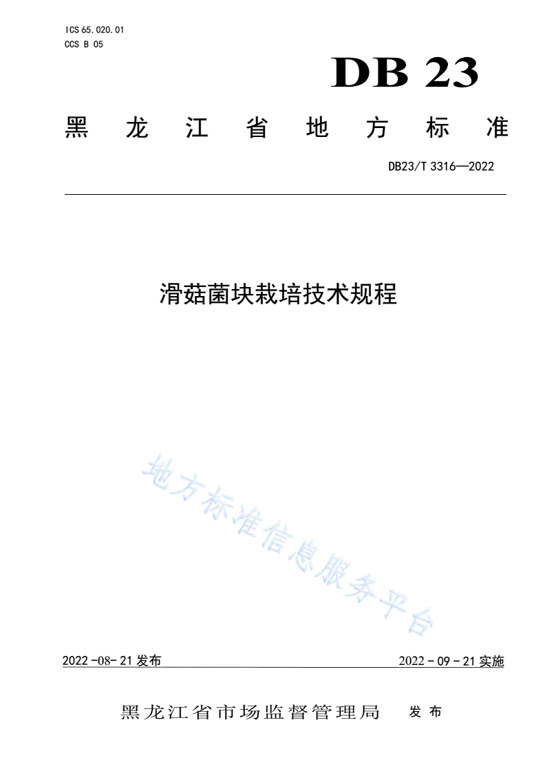 DB23/T 3316-2022 滑菇菌块栽培技术规程-第1页