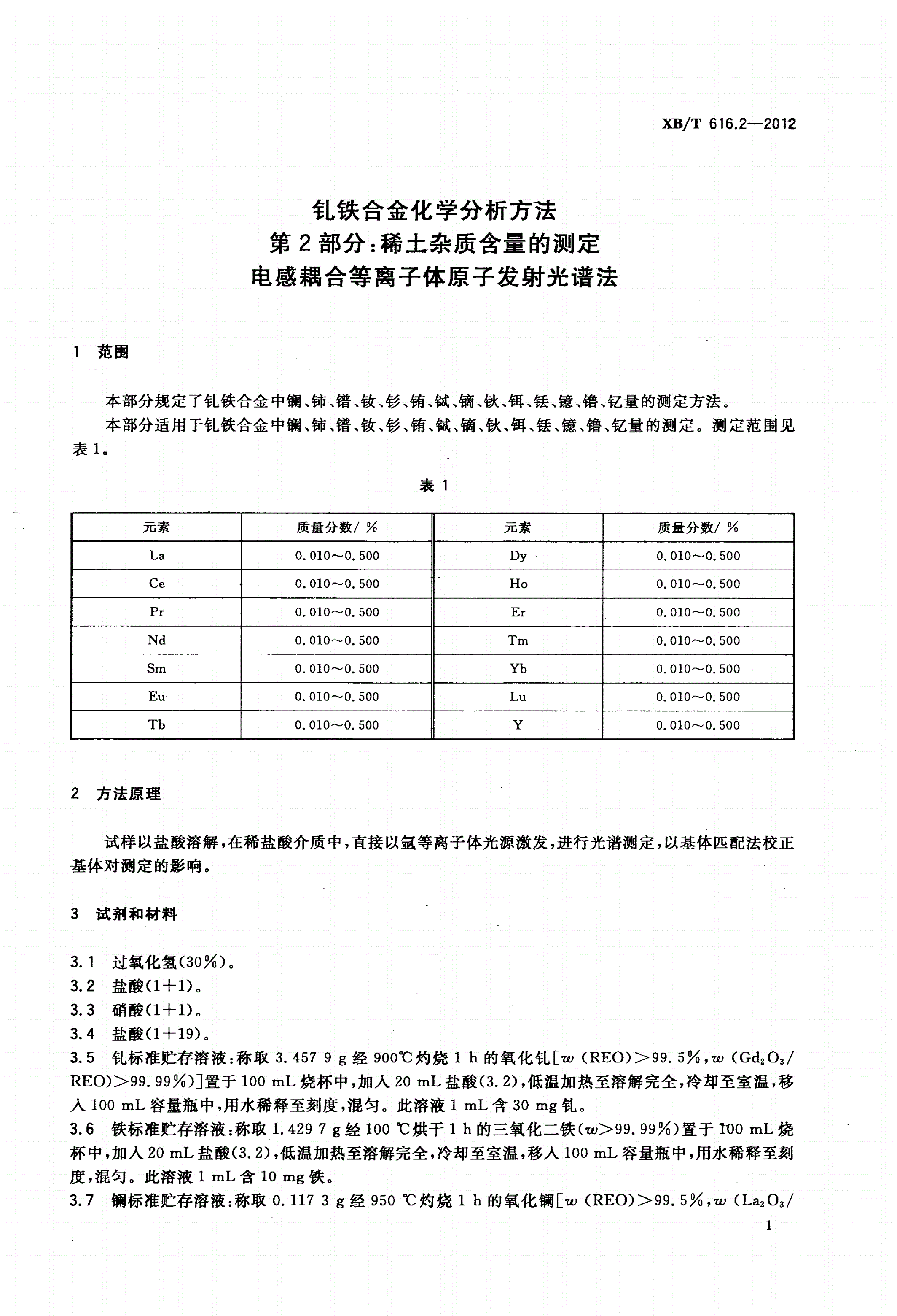 XB/T 616.2-2012 钆铁合金化学分析方法 第2部分：稀土杂质含量的测定 电感耦合等离子体原子发射光谱法-第3页