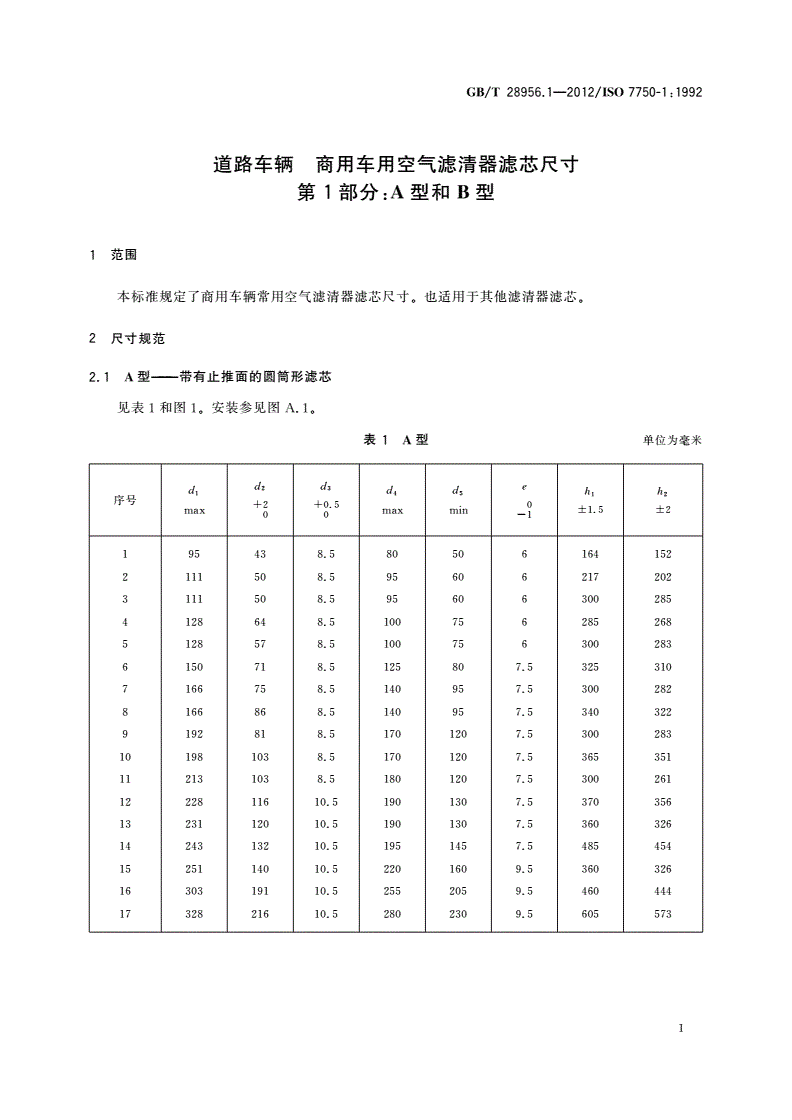 GB/T 28956.1-2012 道路车辆 商用车用空气滤清器滤芯尺寸 第1部分：A型和B型-第3页