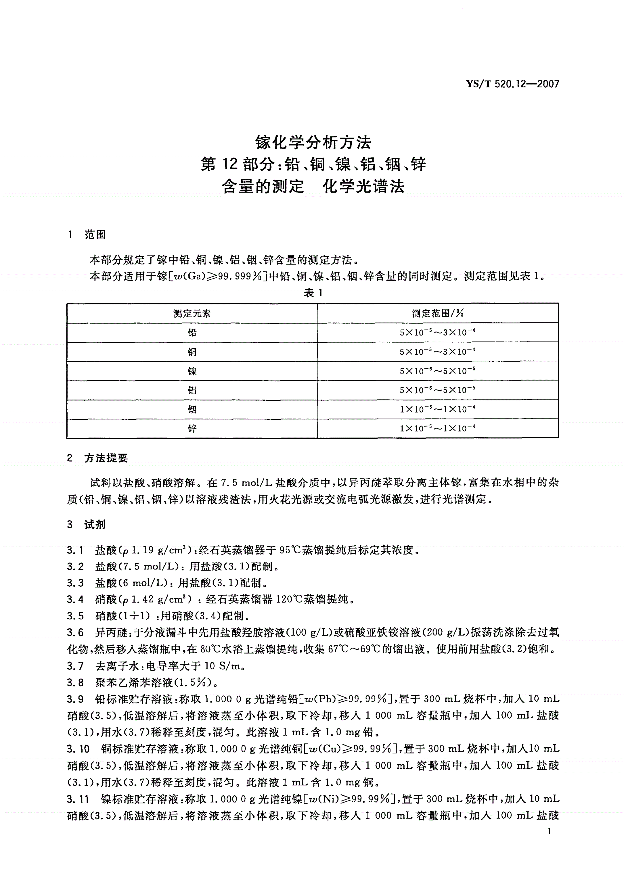 YS/T 520.12-2007 镓化学分析方法 第12部分:铅、铜、镍、铝、铟、锌含量的测定 化学光谱法-第3页