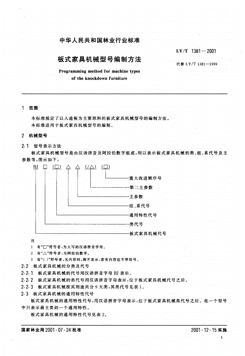 LY/T 1381-2001 板式家具机械型号编制方法-第3页