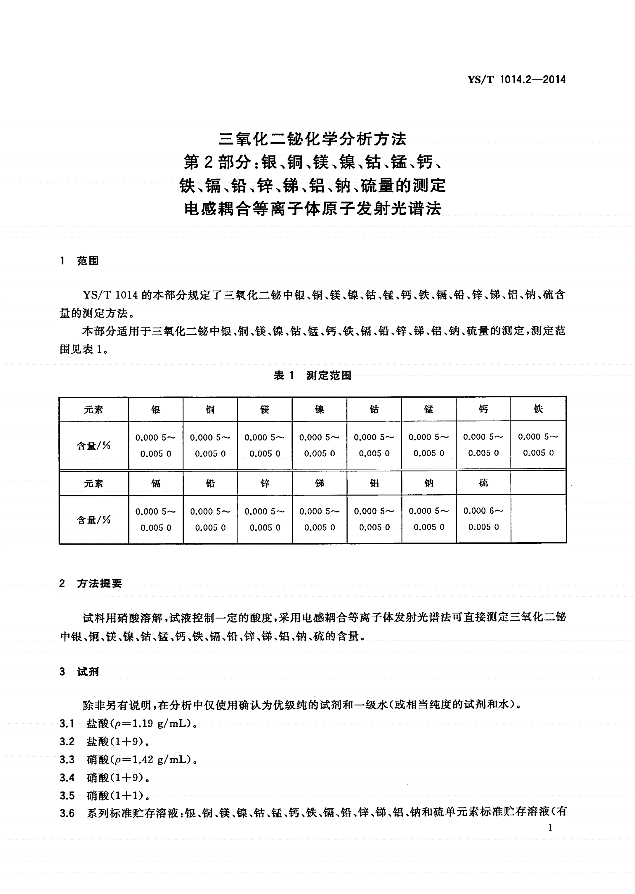 YS/T 1014.2-2014 三氧化二铋化学分析方法 第2部分：银、铜、镁、镍、钴、锰、钙、铁、镉、铅、锌、锑、铝、钠、硫量的测定 电感耦合等离子体原子发射光谱法-第3页