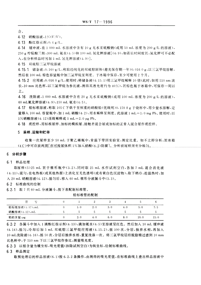 WS/T 17-1996 尿中铅的双硫腙分光光度测定方法-第2页