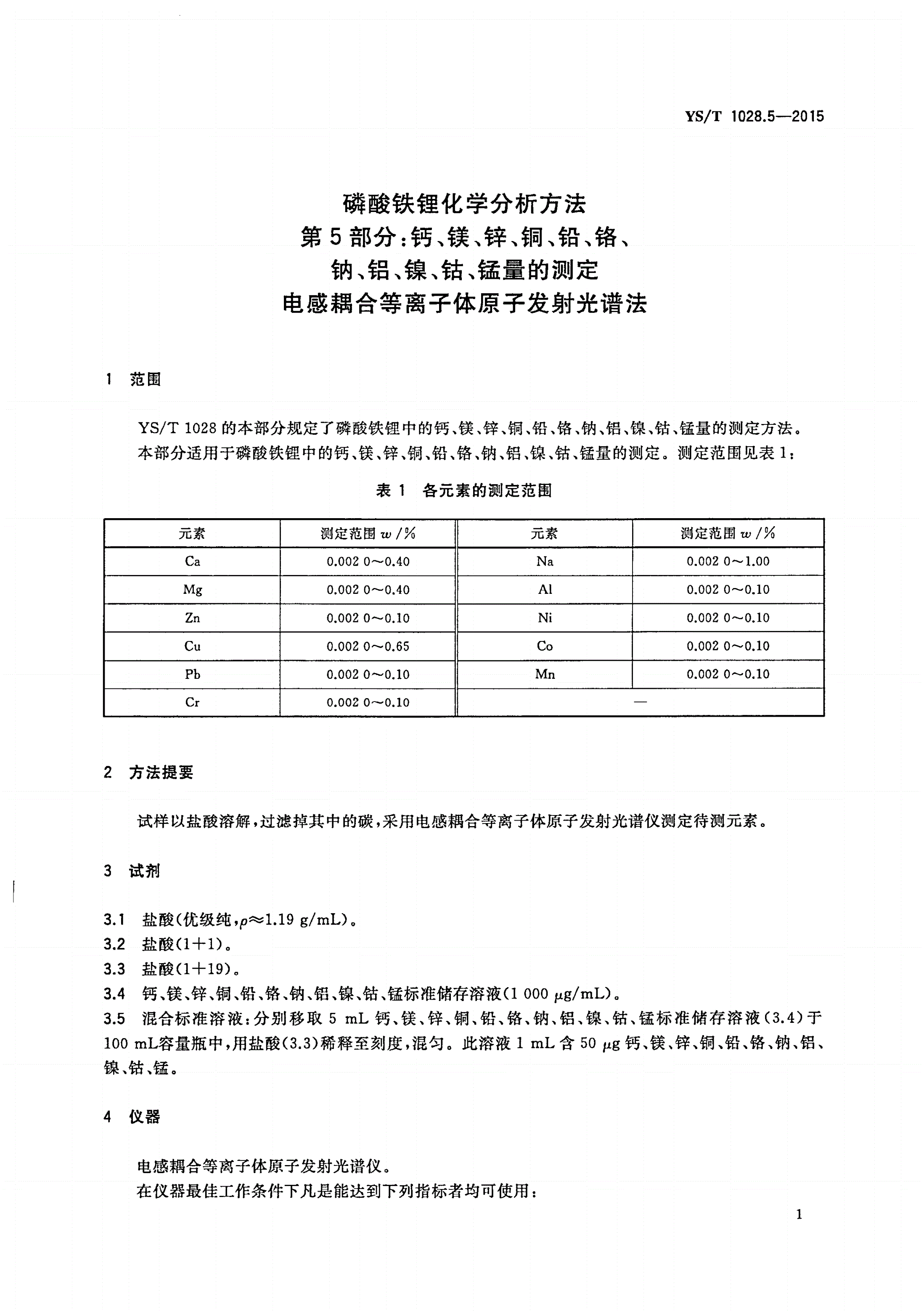YS/T 1028.5-2015 磷酸铁锂化学分析方法 第5部分：钙、镁、锌、铜、铅、铬、钠、铝、镍、钴、锰量的测定 电感耦合等离子体原子发射光谱法-第3页