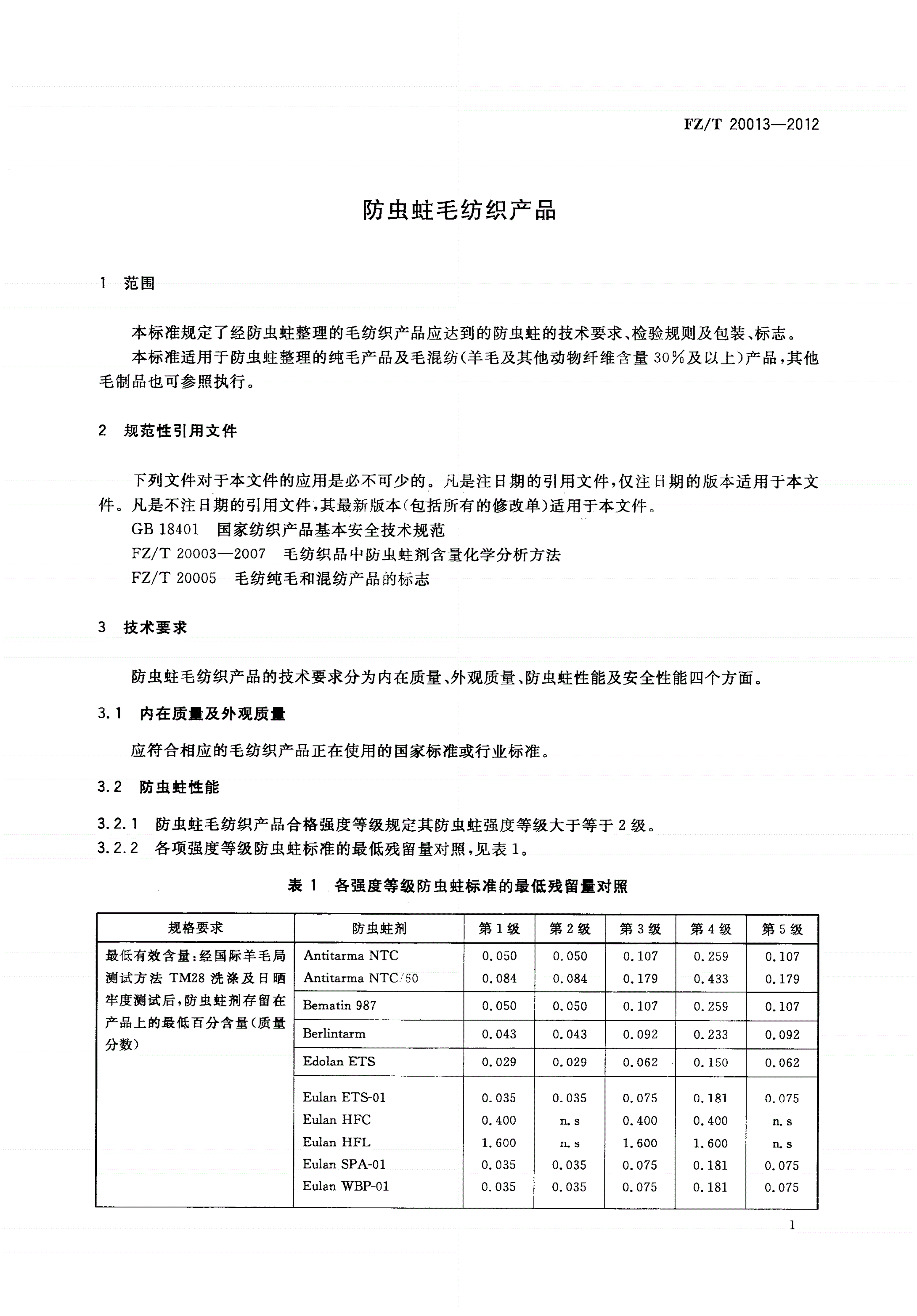 FZ/T 20013-2012 防虫蛀毛纺织产品-第3页