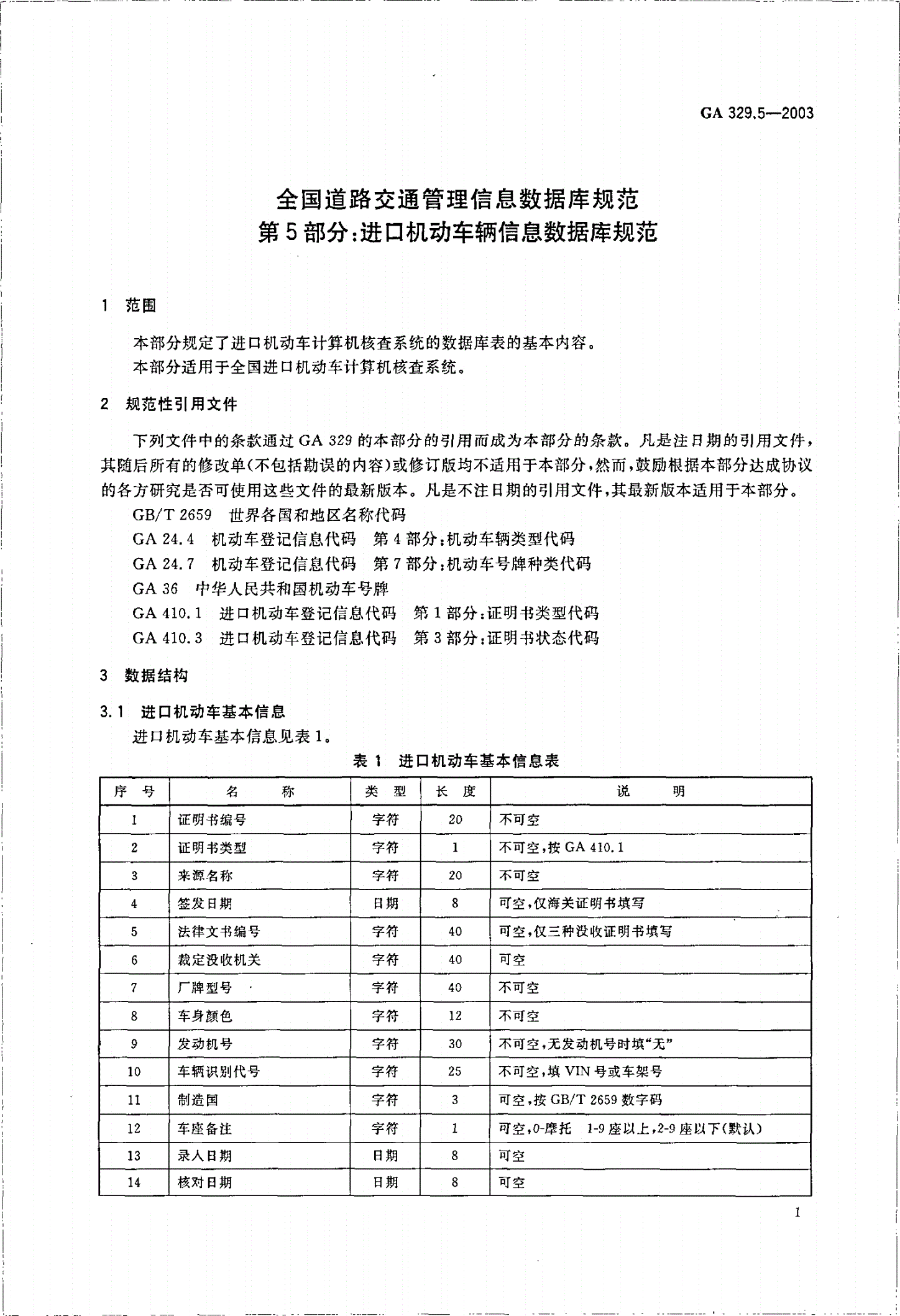 GA 329.5-2003 全国道路交通管理信息数据库规范 第5部分：进口机动车辆信息数据库规范-第3页
